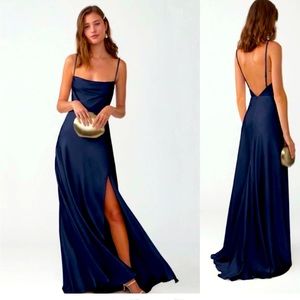 Fame and Partners Dress Strappy Draped Gown Rosabel Navy Blue Maxi Long XS 0